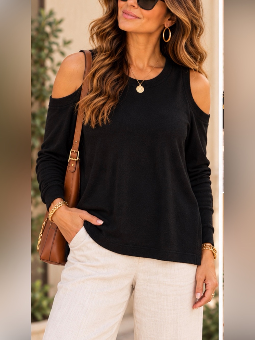 IMAN Black Cold Shoulder Cotton Cashmere Sweater Top Size S